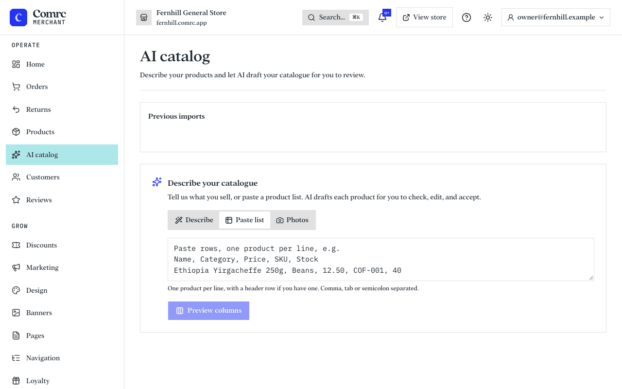 The AI catalog page, with three ways to start: describe what you sell, paste a product list, or upload photos.