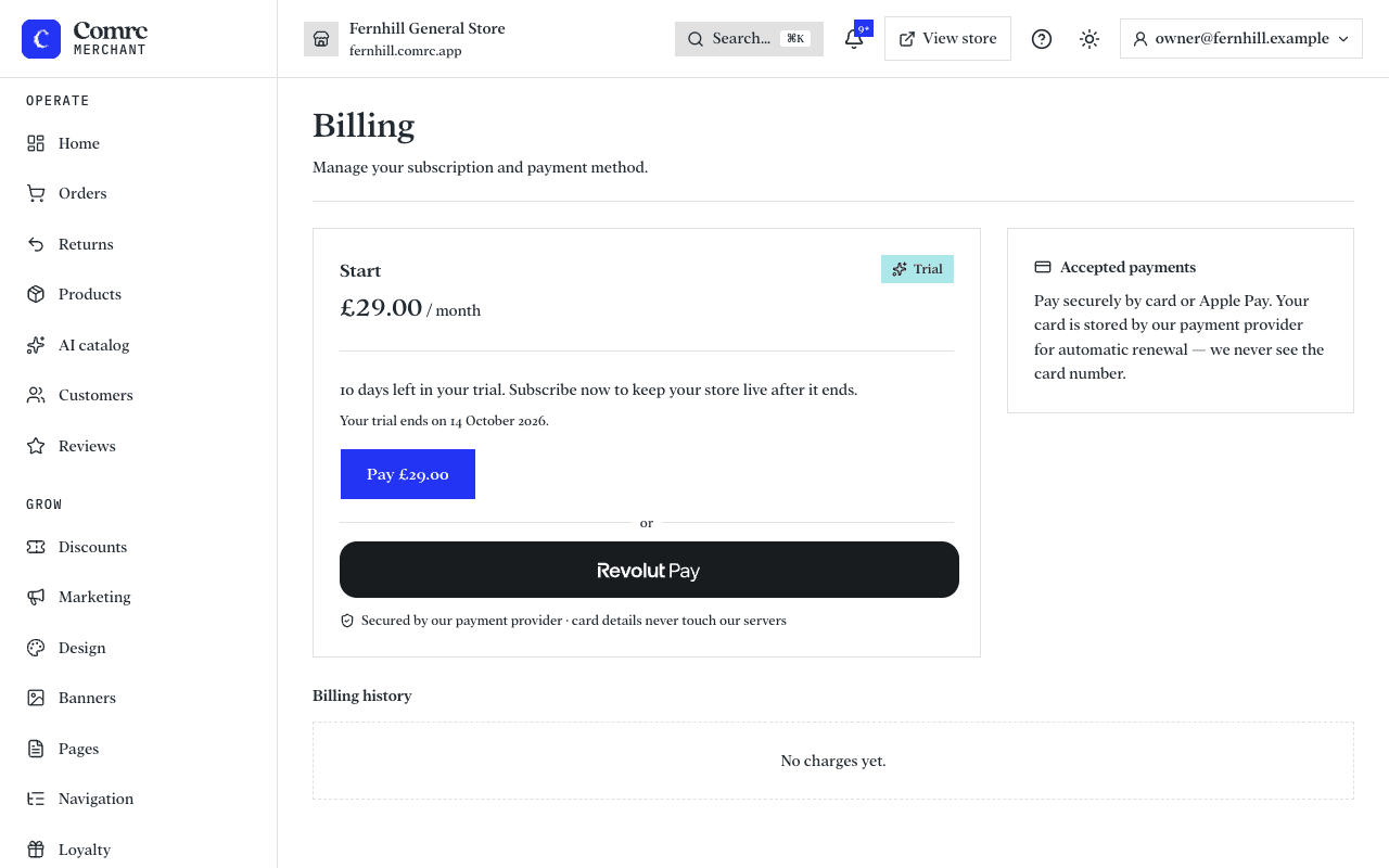 The Billing page: the store's current plan, what it includes and when it renews.