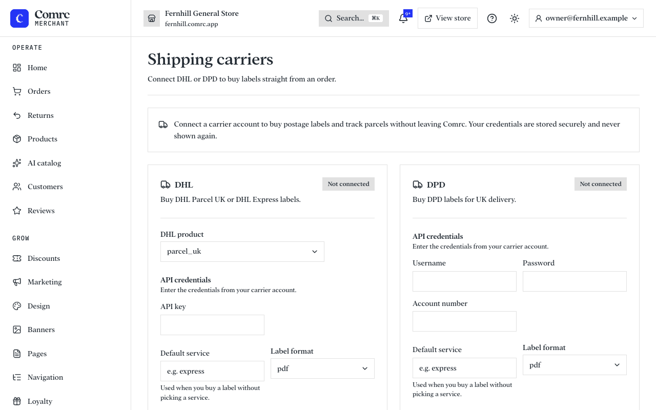 The Shipping page, with DHL and DPD each showing whether an account is connected.