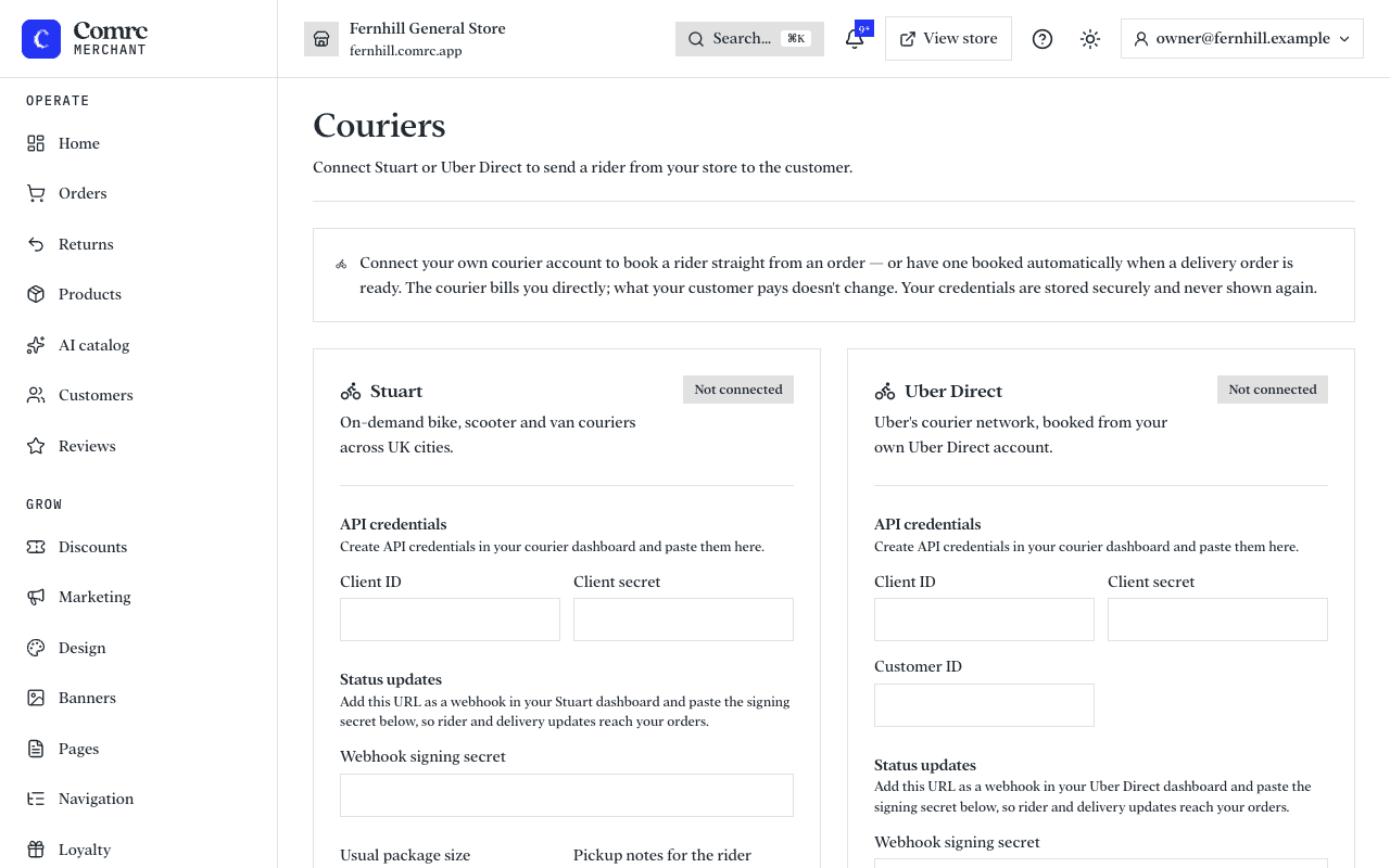 The Couriers page, with Stuart and Uber Direct each showing whether an account is connected.