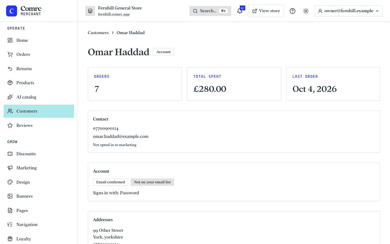 One customer's page: their orders and total spent, contact details, account status, saved addresses and order history.