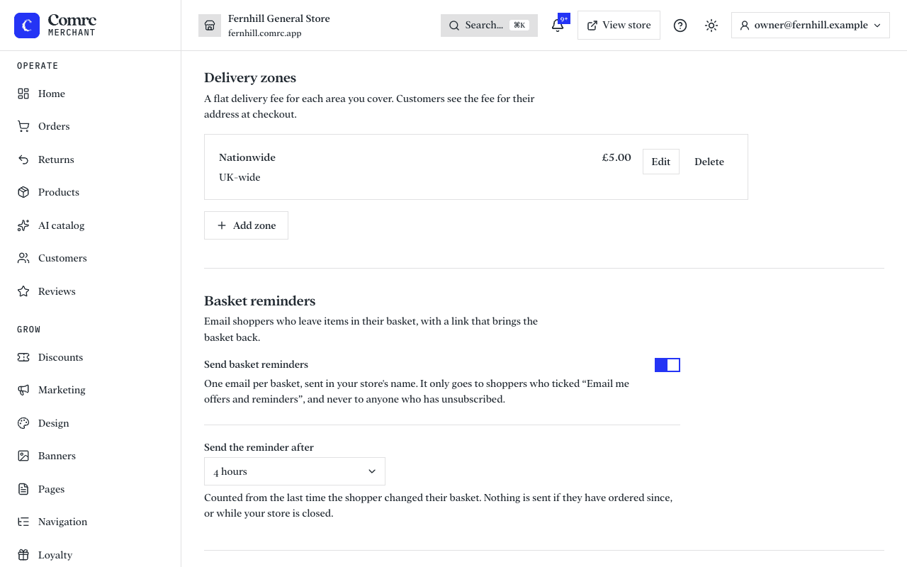 The delivery section of Settings: a list of delivery zones, each with the area it covers and its fee.