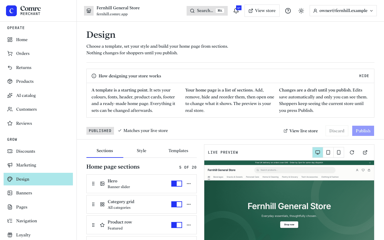 The Design editor: templates, style and home page sections on the left, and a live preview of the store on the right.