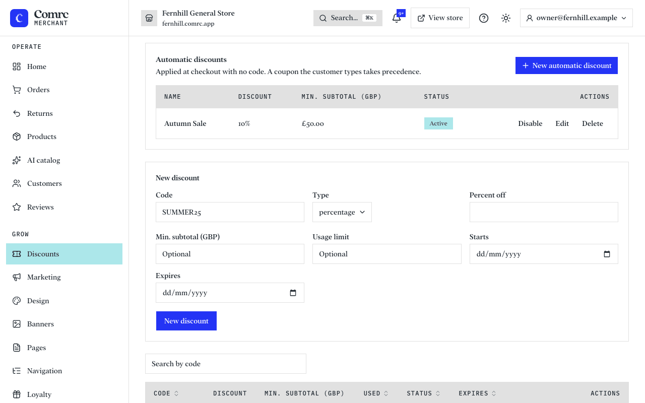 The Discounts page: a list of discount codes with their value, how often each has been used and when it expires, and a section for automatic discounts.