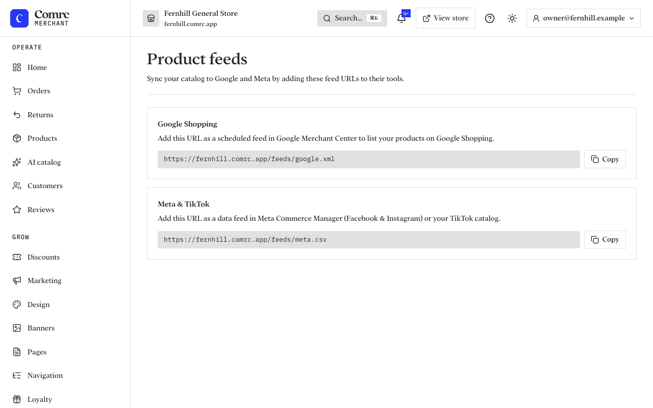 The Product feeds page, with a feed address for Google and one for Meta, each with a copy button.