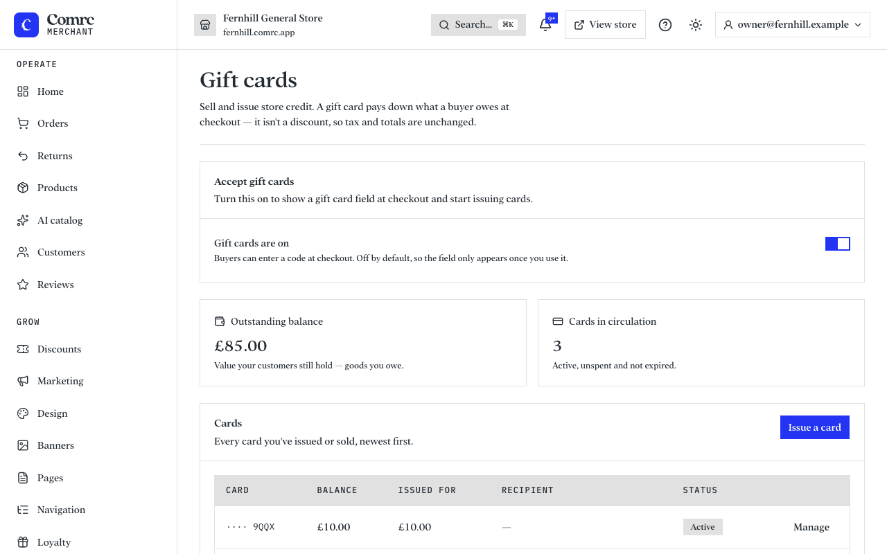 The Gift cards page: the balance outstanding, the number of cards in circulation, and a list of every card with its balance and status.