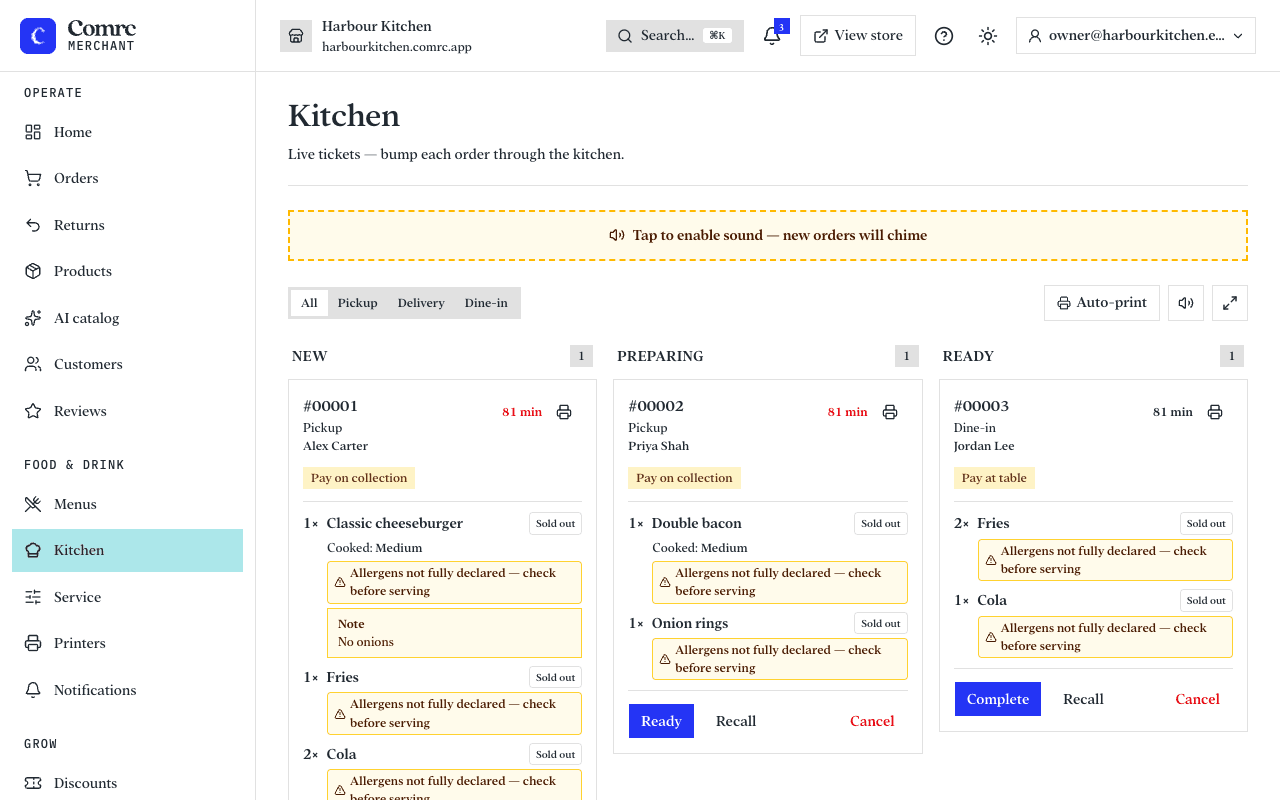 The kitchen board: tickets in columns for received, being prepared and ready.
