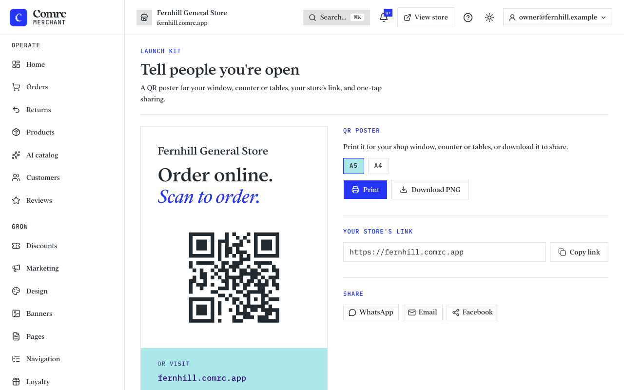 The launch kit: a QR code poster for the store, with buttons to print it, download it, copy the store's link and share it.