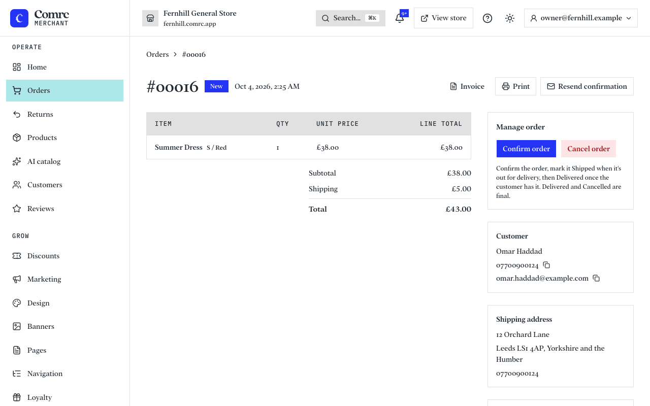 One order: its items and totals, the customer and delivery address, buttons to move it to the next status, and a timeline of everything that has happened to it.