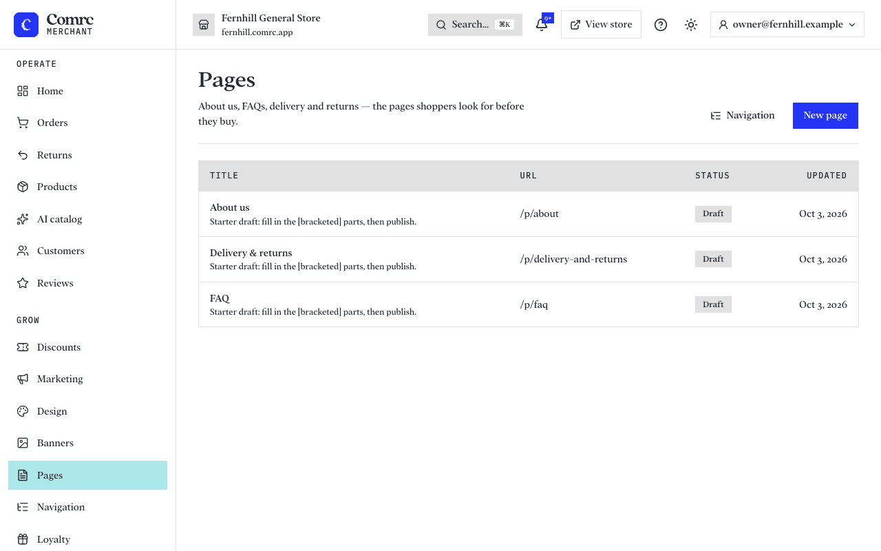 The Pages list, showing each page's title, web address and whether it is published.
