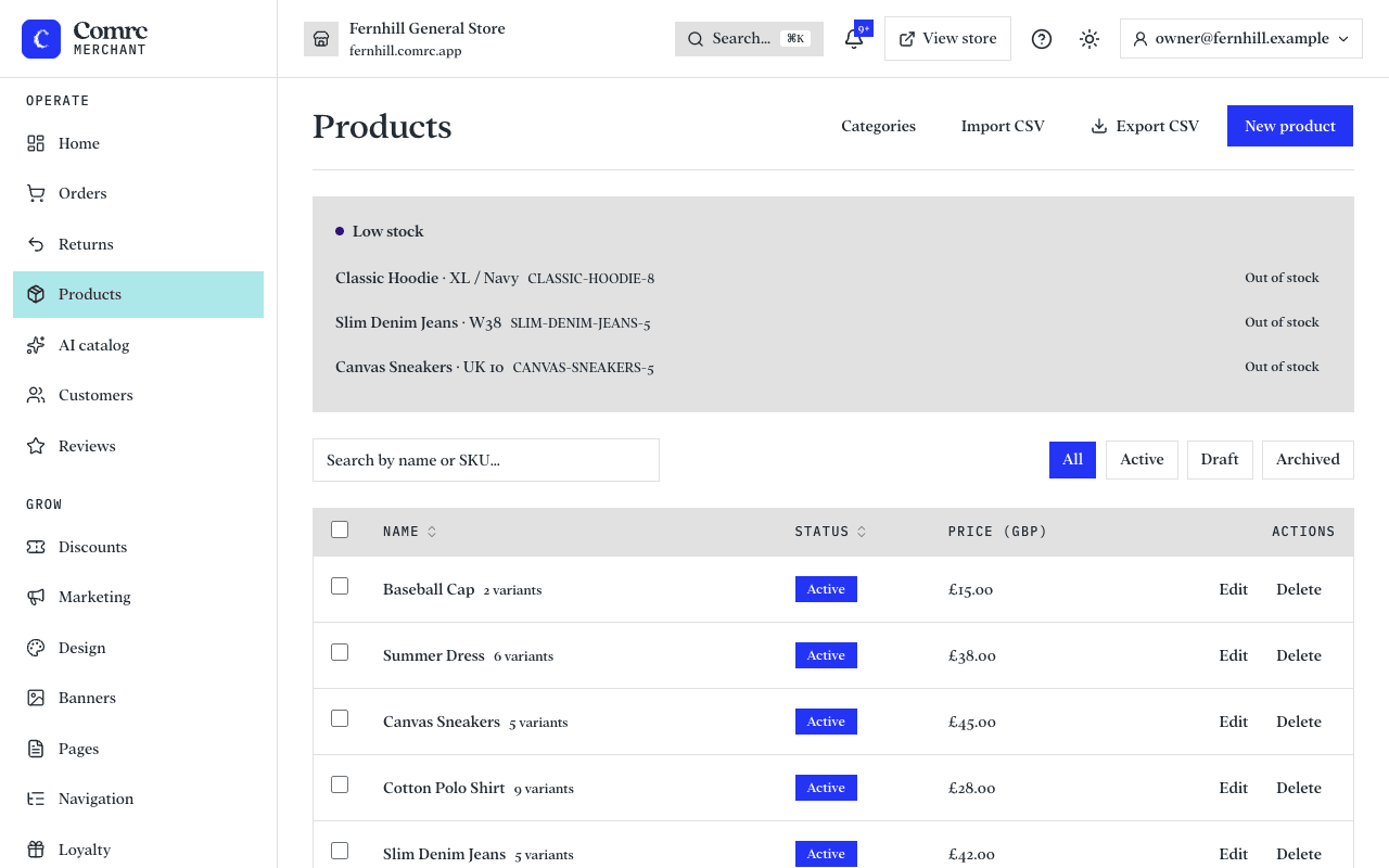 The Products page: a table of products with their picture, price, stock and status, and buttons to add, import and manage categories.