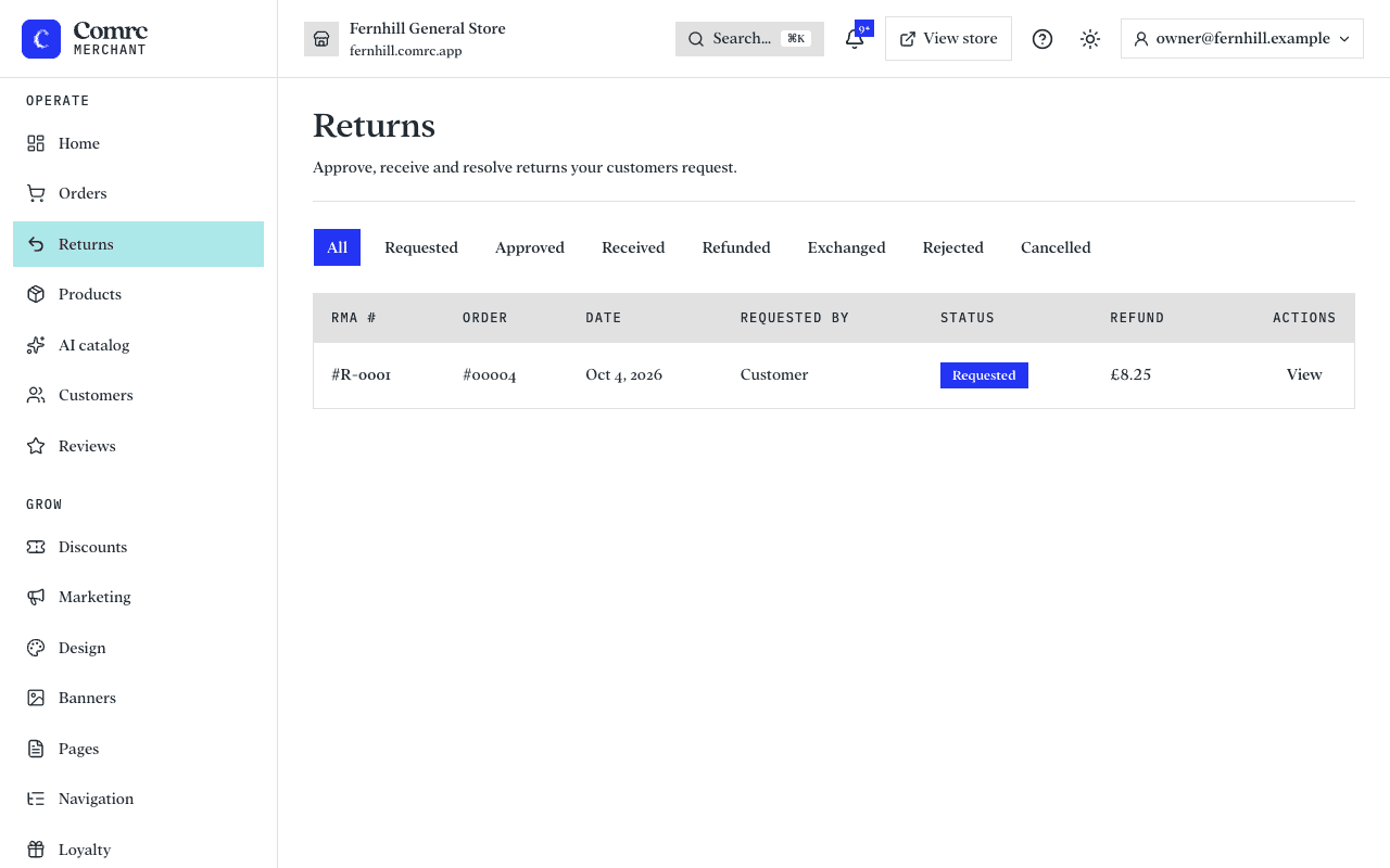 The Returns page: a list of return requests with the order, the customer, the reason and the status.