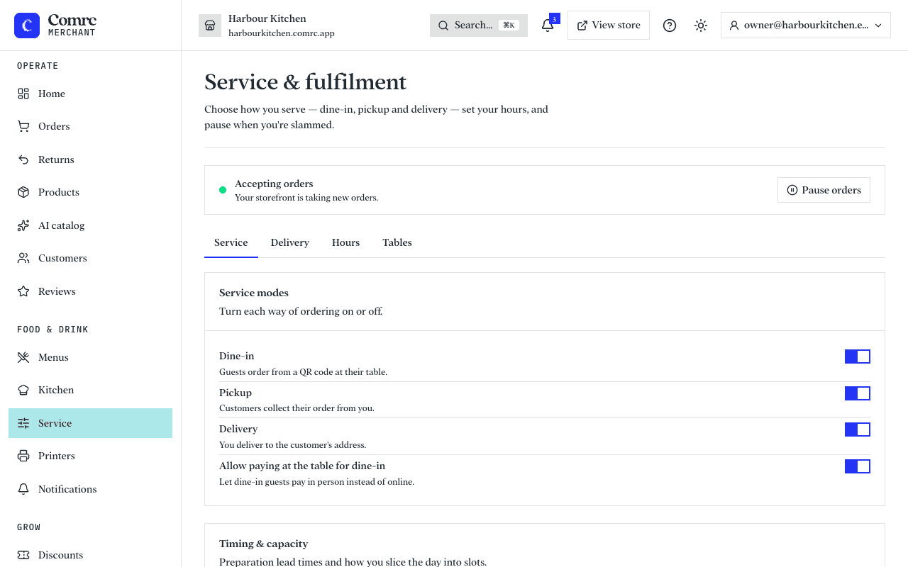The Service page: switches for eat-in, collection and delivery, then timing, delivery area, opening hours, tables, and tips and service charge.