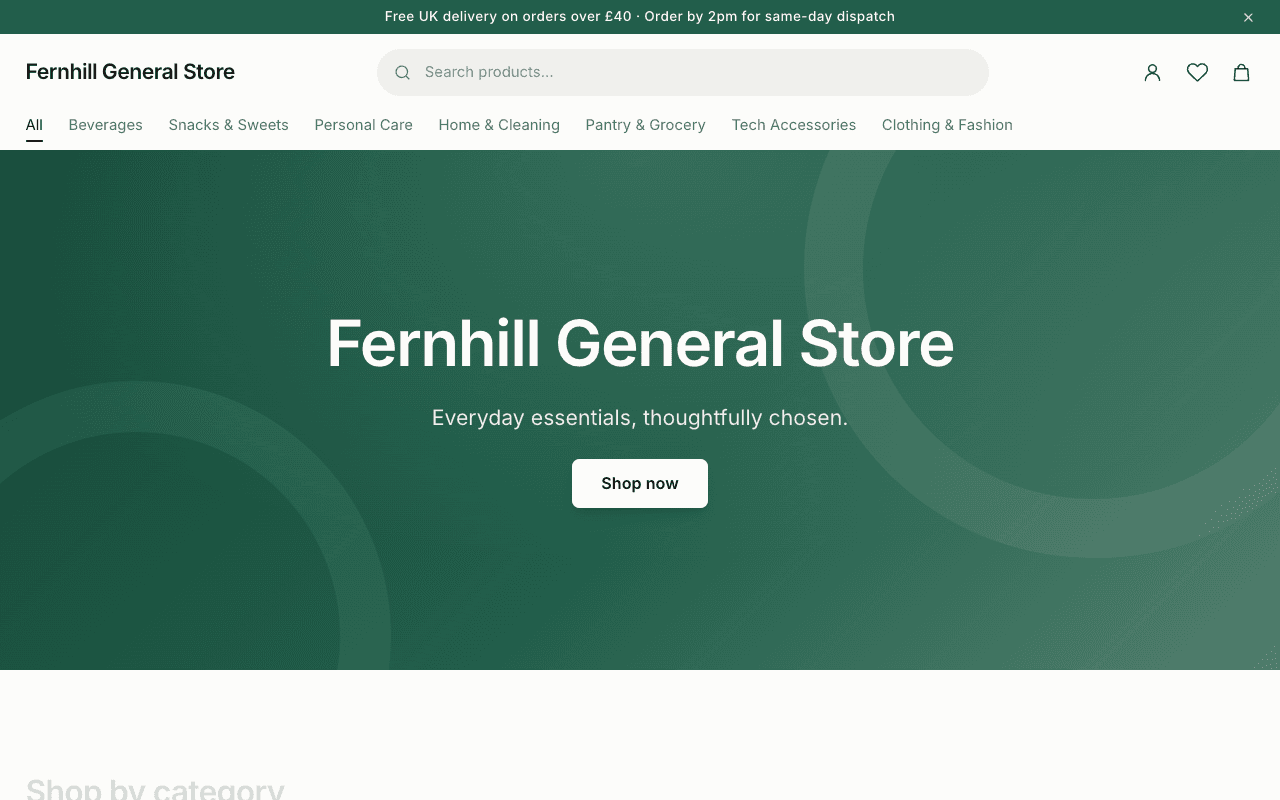 A store's home page: the store's name and search at the top, a banner, categories and featured products.