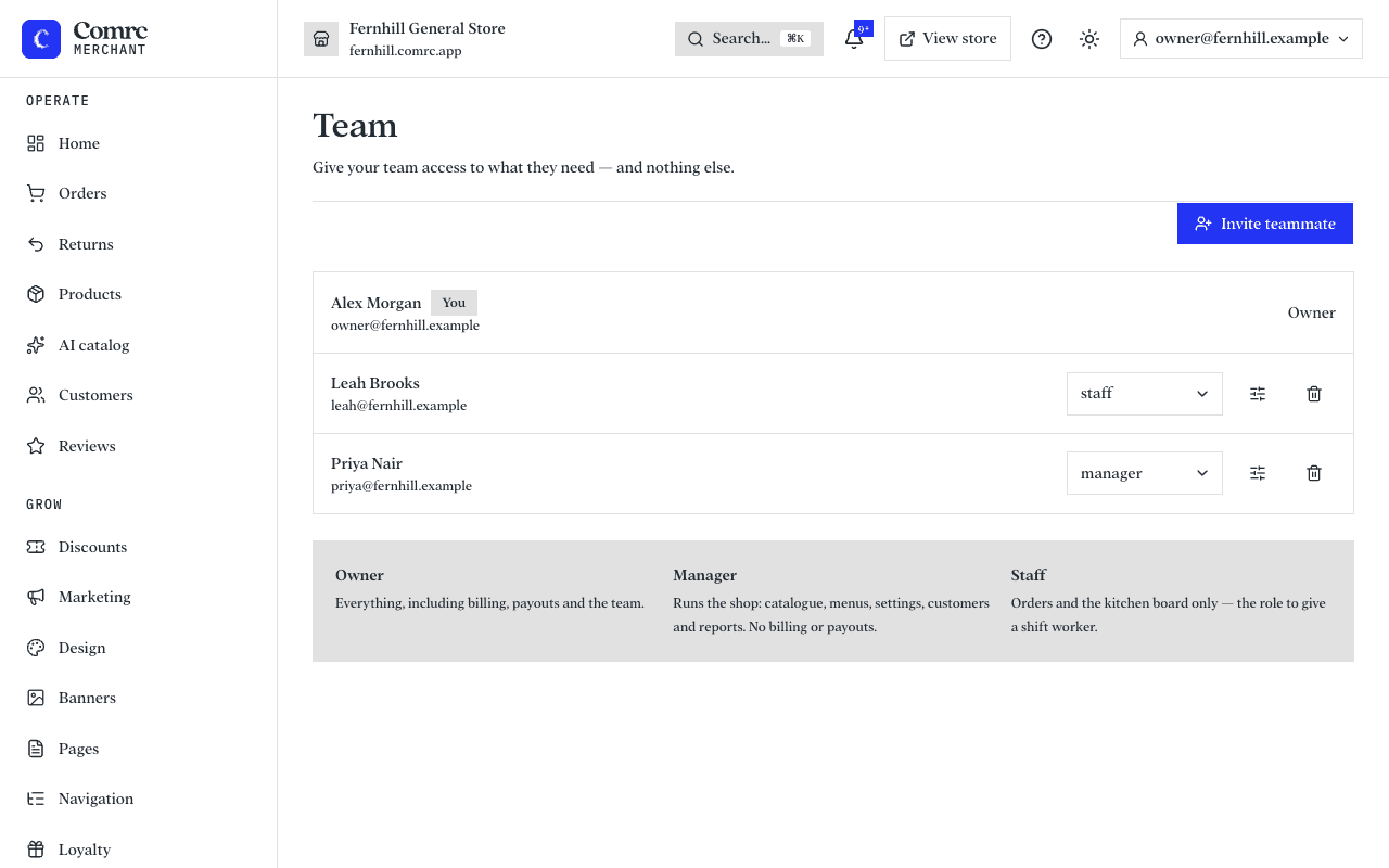 The Team page: each teammate with their role, and a form to invite someone new.