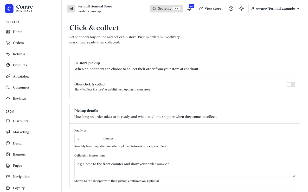 The Click & collect page: a switch to offer collection, how long orders take to be ready, and instructions for the shopper.