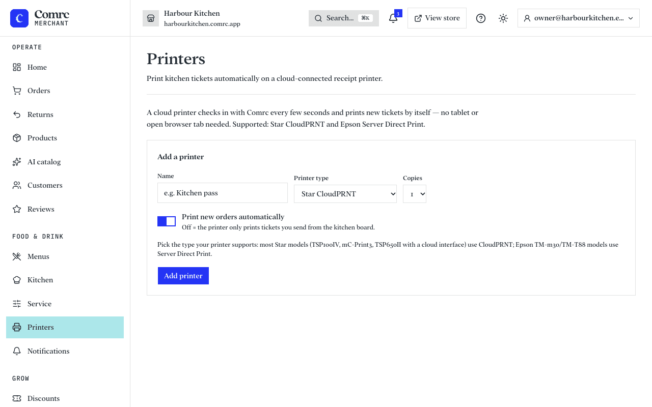 The Printers page: a connected printer showing as online, with buttons to print a test page and get a new address.
