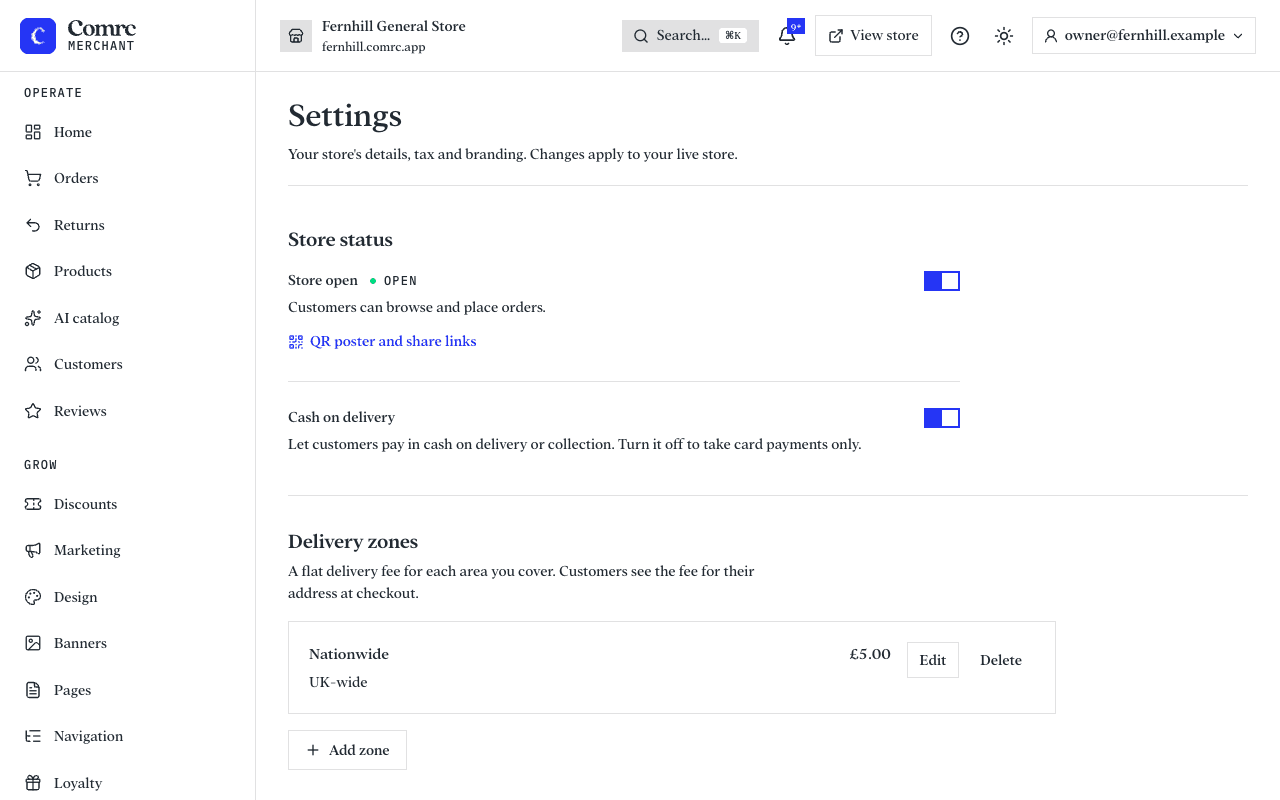 The Settings page: store open and cash on delivery switches, delivery zones, basket reminders, store details and branding.